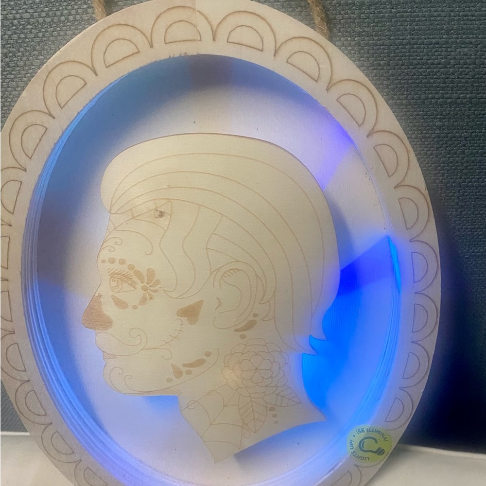 LED light up wooden face….it rotates through all of the colors…. Craft to paint